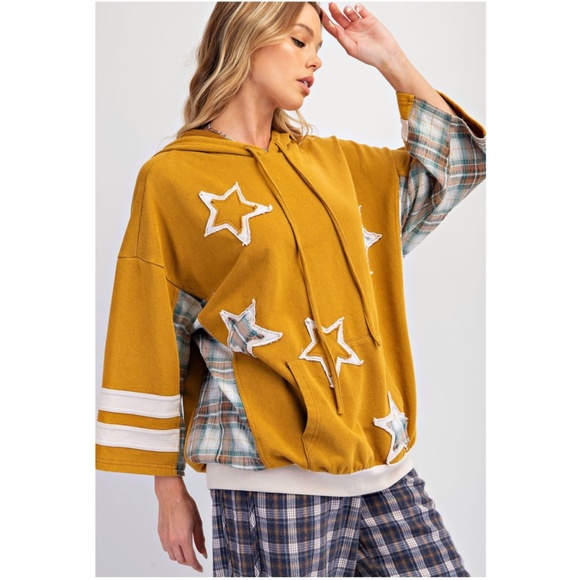 Easel Star Patch Plaid Cotton 3/4 Sleeve Hoodie Shirtshirt Top - Picture 3 of 5